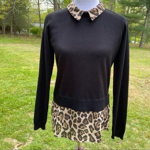 MARLED SWEATER CREWNECK BLACK ANIMAL PRINT COLLAR ACCENT LONG SLEEVE SIZE S